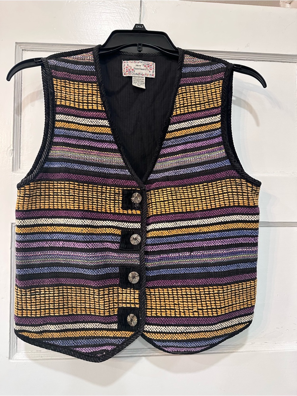 Vintage Striped Woven Button-Front Vest - Black, Gold & Purple